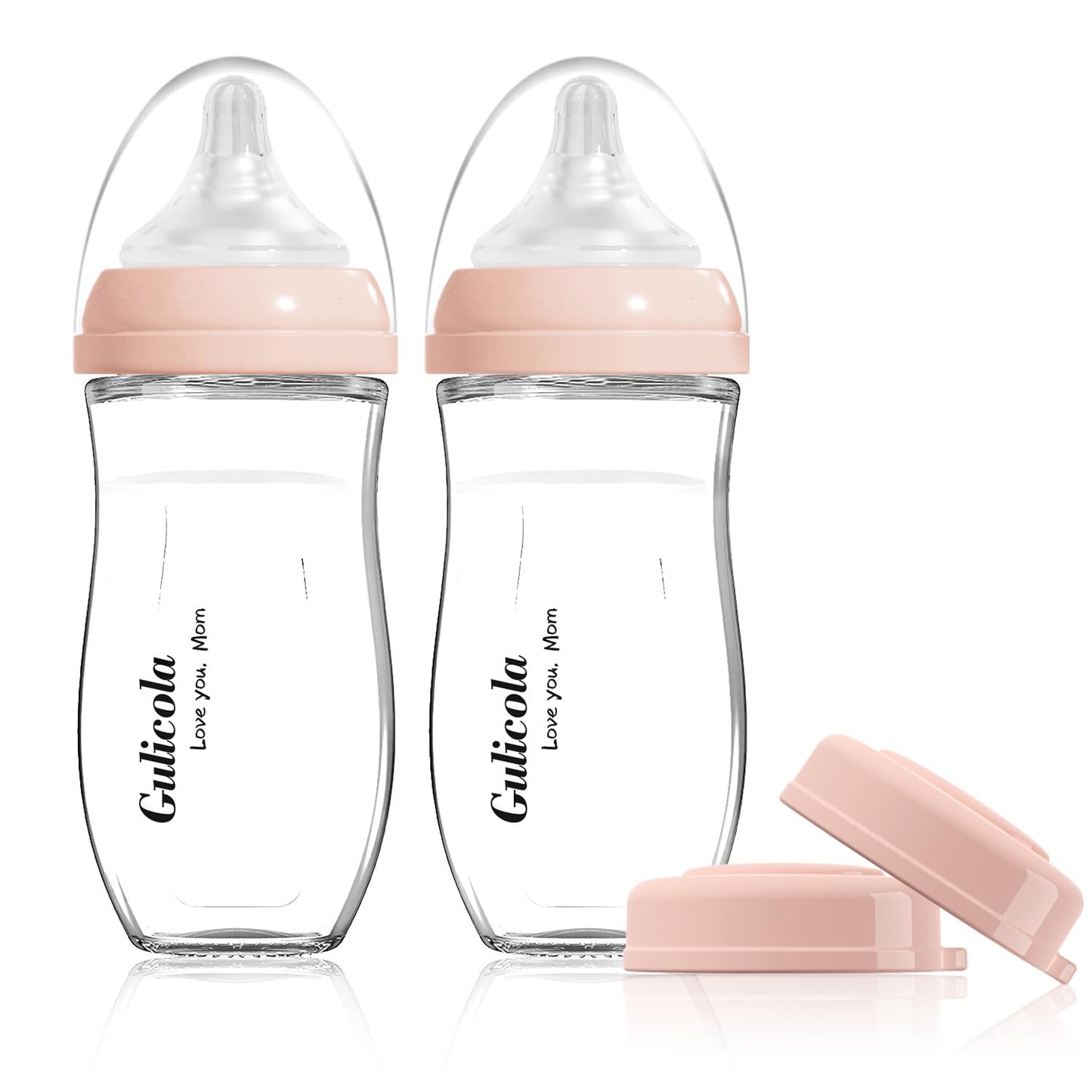 Gulicola Natural Glass Baby Bottle for Breastfed Babies, Anti-Colic Baby Bottle Set with Medium Flow Nipple, 3 Months +, 8 oz, 2 Pack - Pink