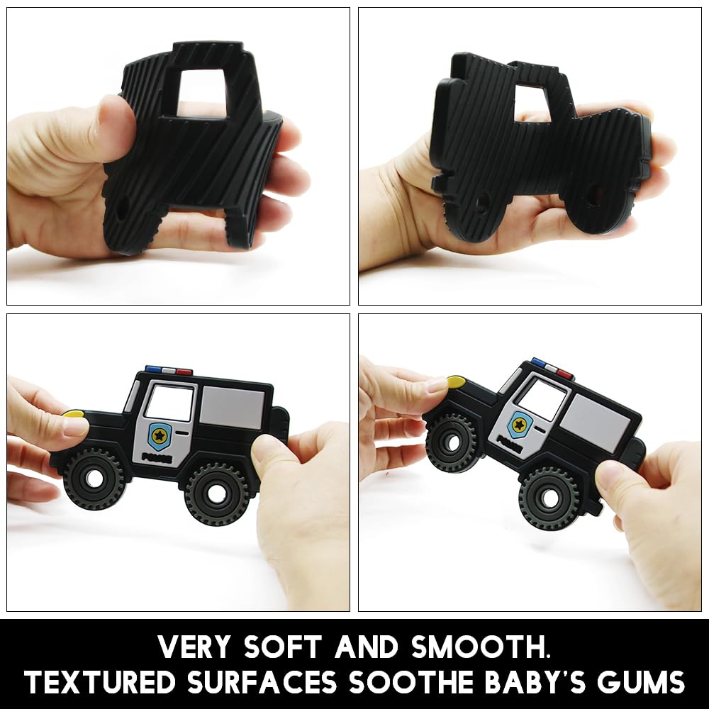 Baby Construction Vehicles Teething Toys,Food Grade Silicone Teether with One-Piece Pacifier Clip Holder,Shower Gift for 3 Months+ Boy and Girl,BPA Free,Freezer Safe. (Police Car)