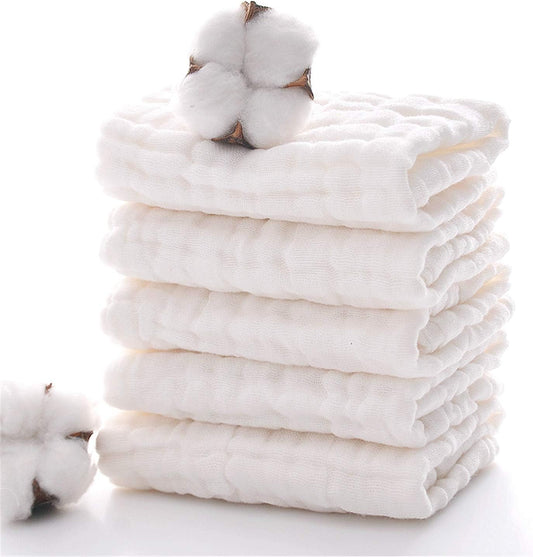 MUKIN Baby Muslin Washcloths, Natural Cotton, Soft Newborn Face Towel, 5 Pack, 12 x 12 inches (White)
