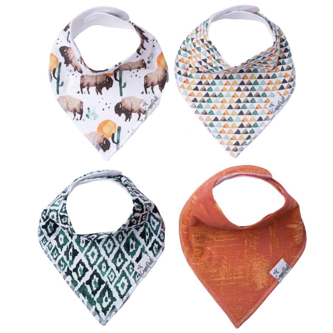 Copper Pearl 4 Pack Soft Cotton Baby Bibs for Drooling and Teething, Absorbent Drool Bibs for Baby Girl and Boy, Adjustable to Fit Newborns to Toddlers, Tons of Styles (Bison)