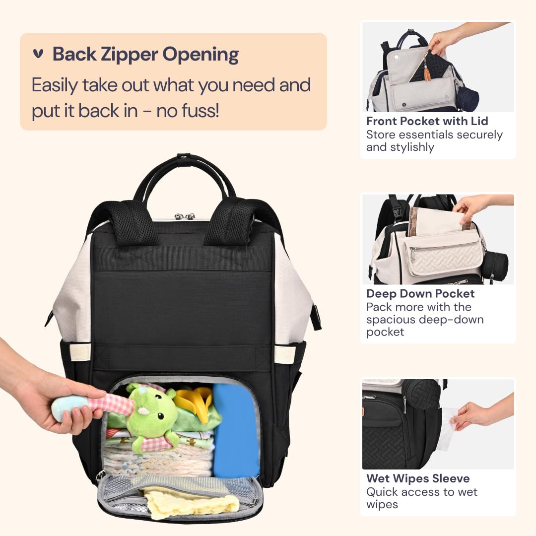 BabbleRoo Diaper Bag Backpack, Multifunction Nappy Changing Bag with Changing Pad, Stroller Straps & Pacifier Case, Unisex Stylish Travel Back Pack for Moms & Dads – Apricot & Black