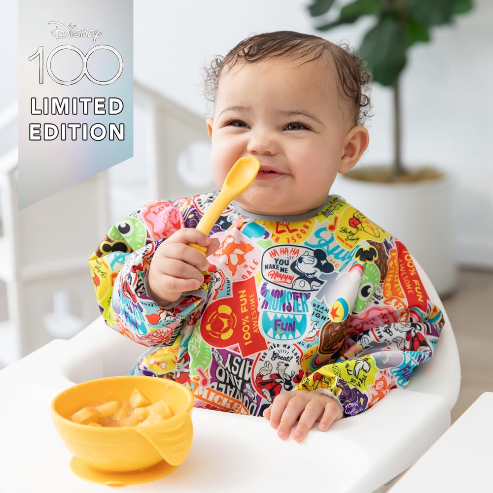 Bumkins Disney Sleeved Bib for Girl or Boy, Baby and Toddler for 6-24 Mos, Essential Must Have for Eating, Feeding, Baby Led Weaning Supplies, Long Sleeve Mess Saving, 100 Years of Fun