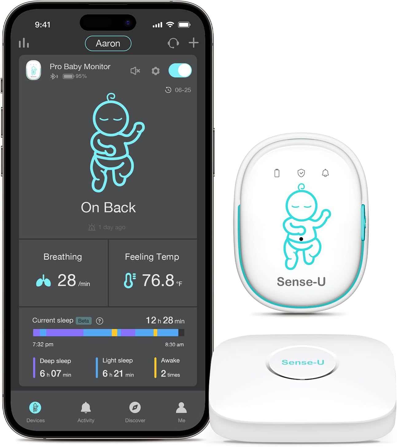 Sense-U Pro Baby Monitor(Long Range) – Tracks Breathing Movement, Rollover & Temperature Anywhere for Better Sleep, Simple Clip-On Smart Tracker with Arousal Vibration, Audible Alerts & Sleep Analysis