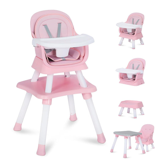 8 in 1 Baby Highchair, Convertible High Chair for Babies and Toddlers, Booster Seat w/5-Point Safety Belt, Toddler Building Block Table, Dishwasher Safe Tray, No Tool Install, Pink
