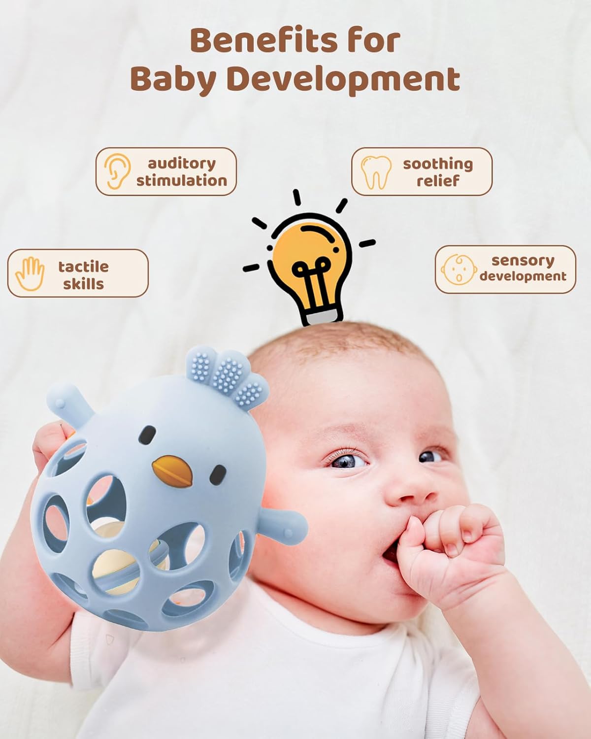 2-in-1 Baby Teething Rattle Toy, Sensory Grasping Teether for Infants 3-12 Months, 100% Food-Grade Silicone, Easy to Hold, Soothing & Developmental, BPA Free