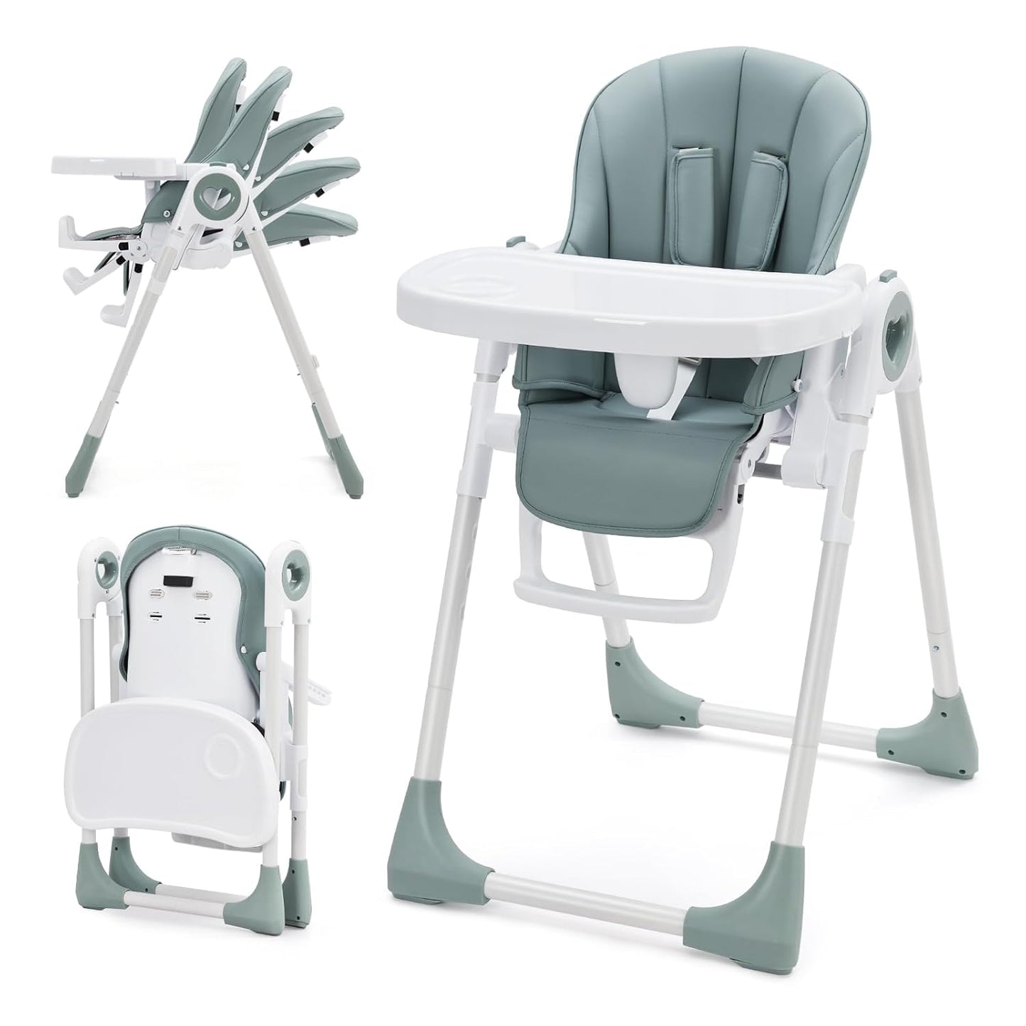 Foldable High Chairs for Babies and Toddlers, Adjustable Infant Baby Chair with Removable Tray and Non-Slip Foot Pads, Highchair for Children Aged 6 to 36 Months, Green