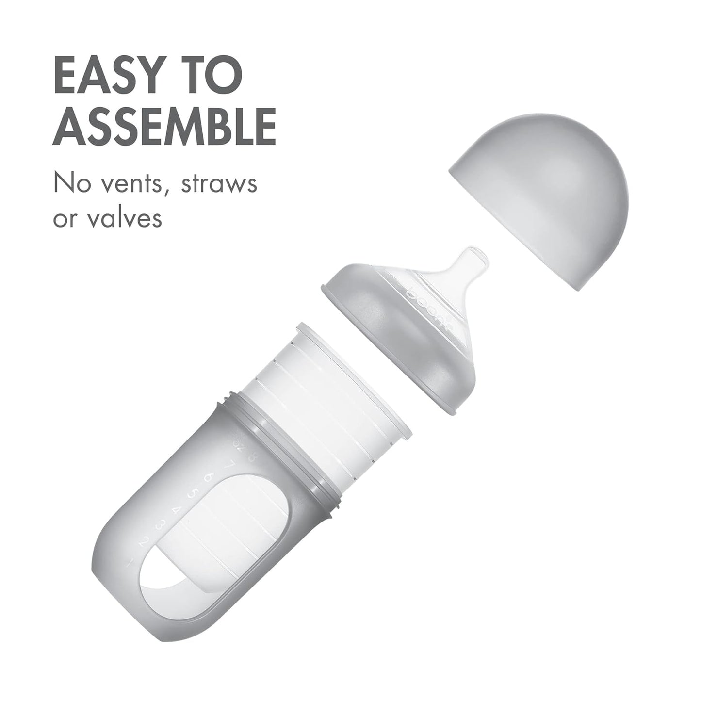 Boon Nursh Reusable Silicone Pouch Baby Bottles - Medium Flow Nipple - Silicone Baby Bottle Pouch and Nipple - Baby Feeding Essentials - Gray - 3-6 Months - 3 Count - 8 Ounce