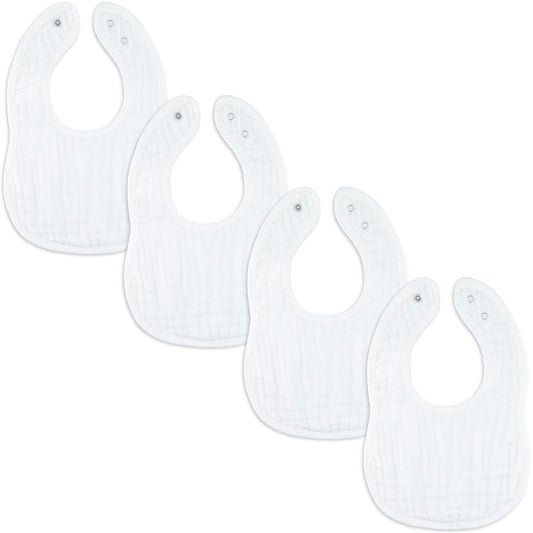 Comfy Cubs Muslin Bibs for Babies, Pack of 4 - Soft and Highly Absorbent, Feeding, Drool and Teething Bib, Adjustable Snaps - Stylish & Colorful Unisex Designs, Giftable Set - White