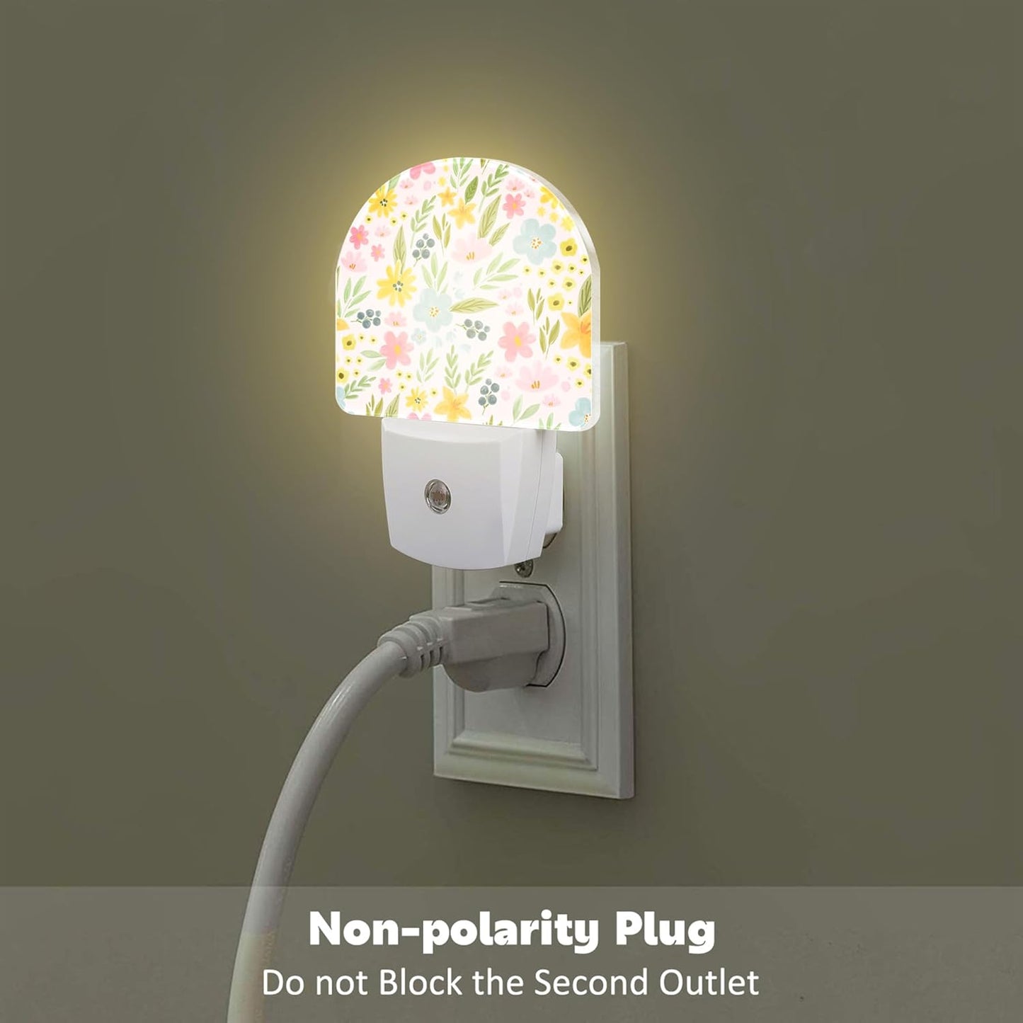 Watercolor Spring Flowers Night Light for Kids,Pink Botanical Leaves Floral Night Light Plug in with Dusk to Dawn Sensor,0.5w Energy Saving Nightlight for Hallway Stairway Kitchen Bedroom