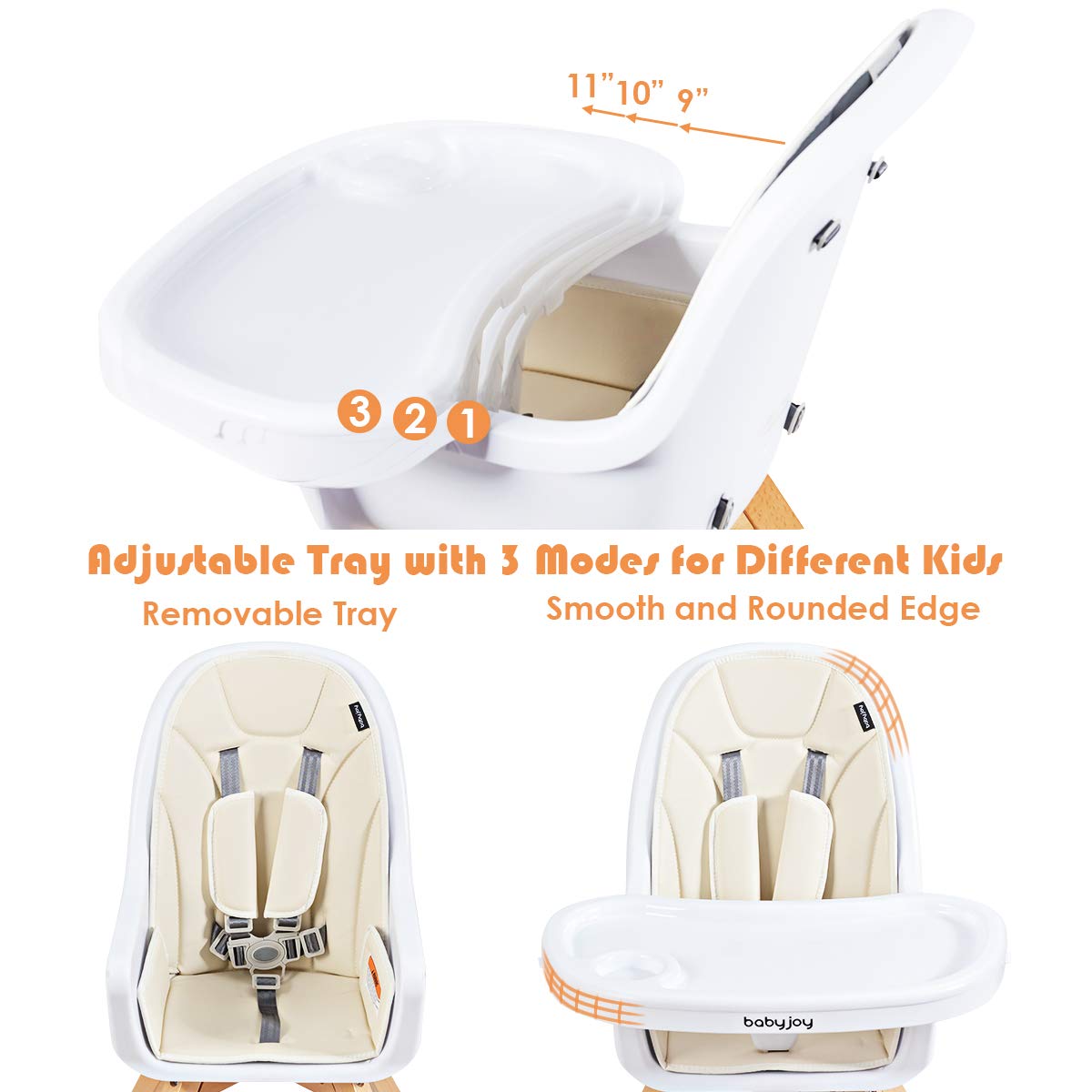 BABY JOY 3 in 1 High Chair, Baby Eat & Grow Convertible Wooden High Chair/Rocking Chair/Booster Seat/Toddler Chair, Infant Dining Chairs w/Double Removable Tray, 5-Point Seat Belt & PU Cushion, Beige