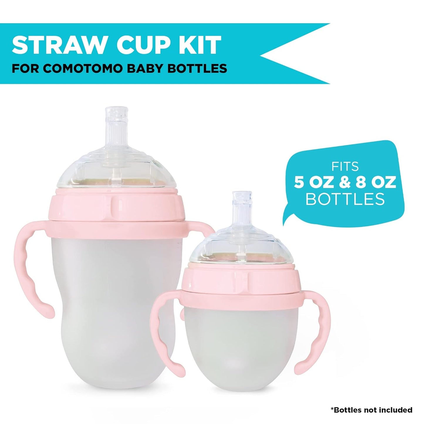 Botabee Straw Transition Cup Kit for Comotomo Baby Bottles | Conversion Kit Fits 5 & 8 Ounce Bottles | Soft, Silicone Straw Top Bottle Nipple & Weighted Straw to Help Baby - Pack of 2 (Pink)