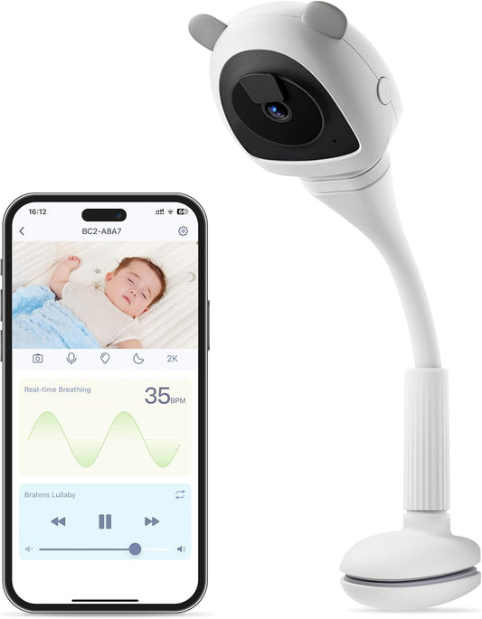 Smart Baby Monitor WiFi with Camera and Audio, Baby Breathing Detection Contact-Free AI, 2K Night Vision Contact Free Camera Device, Wireless App Control, No Monthly Fee - White