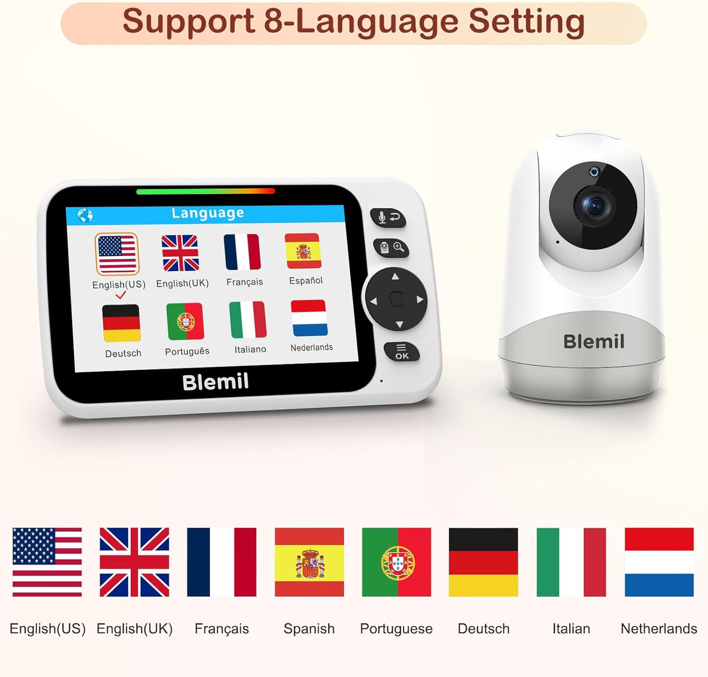 Blemil Baby Monitor with 30-Hour Battery, 5" Large Split-Screen Video Baby Monitor with Camera and Audio, 3500mAh Battery, Remote Pan/Tilt/Zoom Camera, Two-Way Talk, Night Vision, Lullabies, No WiFi