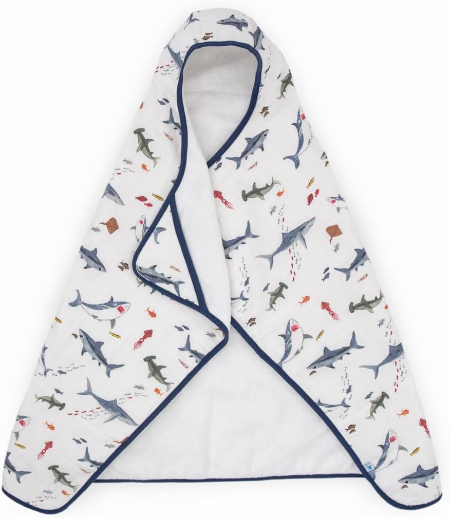Little Unicorn Premium Hooded Bath Towel| Absorbent Cotton & Terry Blend | Larger Size, 1-6 Years (Shark)