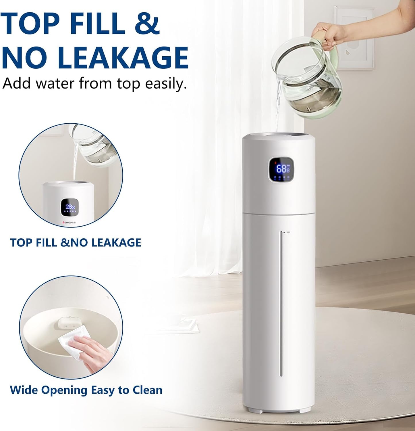 Large Humidifiers for Bedroom, 9L/2.5Gal Ultrasonic Cool Mist, Easy Clean with 350ML/H Large Mist Speed, Quiet Tower, Suitable for Kids Room Plant Yoga (White)