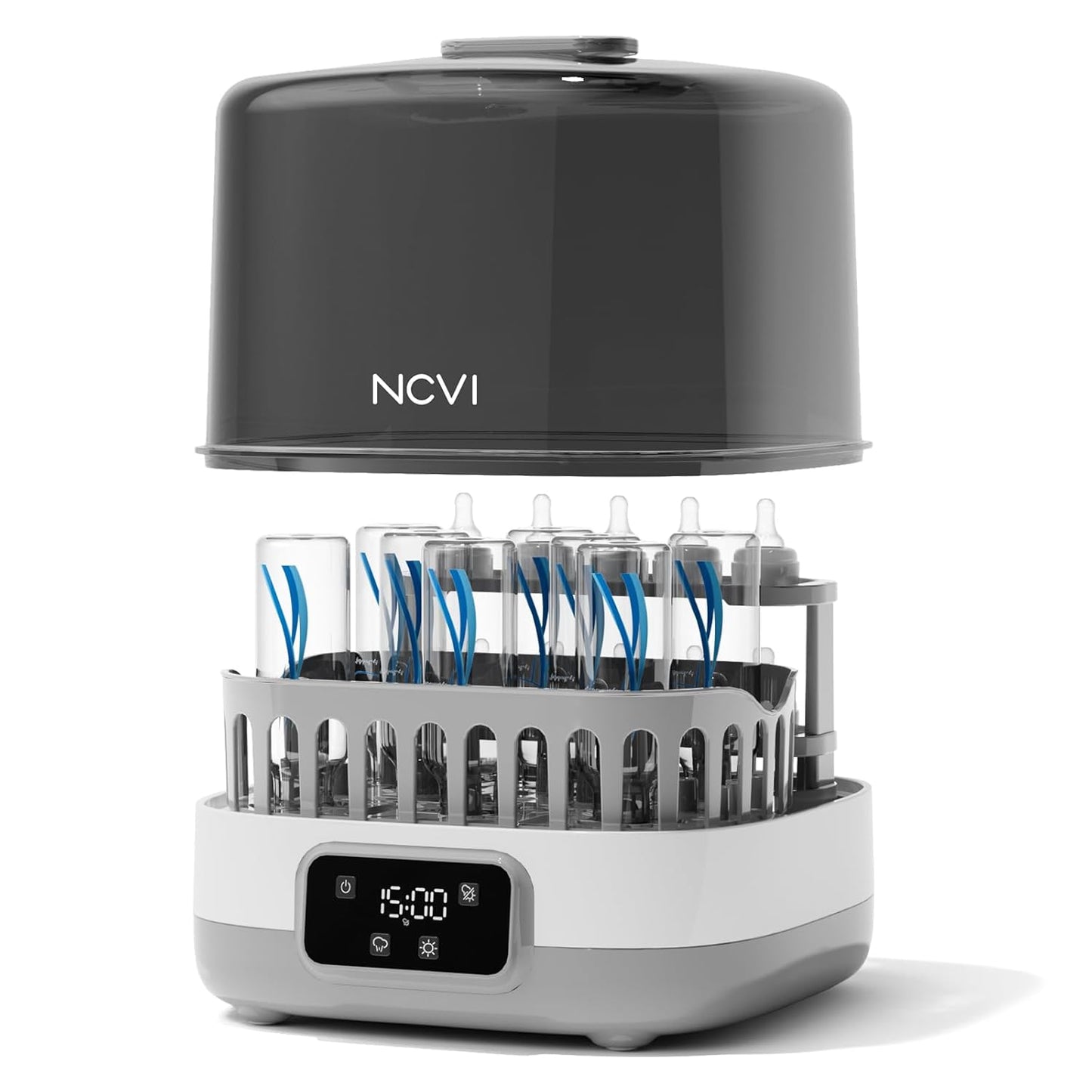 NCVI 20-Minute Baby Bottle Steamer Sterilizer and Dryer with 2 Bottle Trays for 8/6 Bottles, Fast Electric Steam Sterilization Disinfection for All Bottles, Pacifiers, Teether and Breast Pump Parts