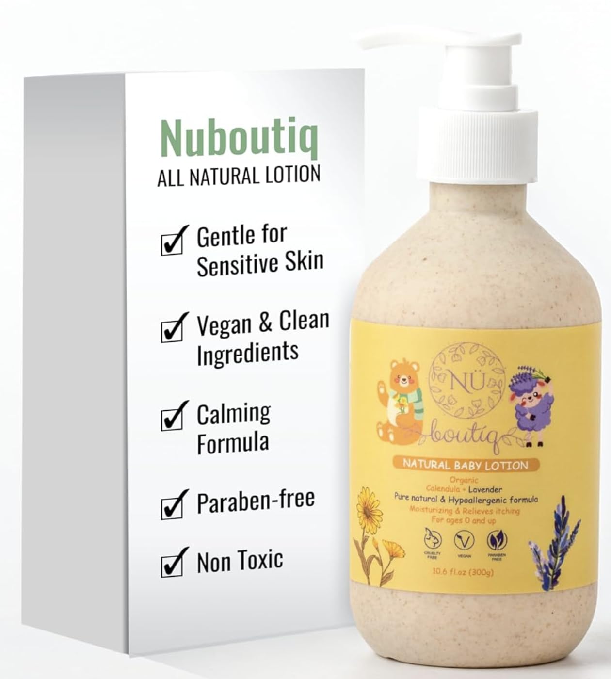Organic Vegan Baby Lotion – Calendula & Lavender for Gentle Moisturizing Sleep-Time Moisture, Newborns & All Skin Types Eco-Friendly Biodegradable Bottle - 10.6 Fl Oz