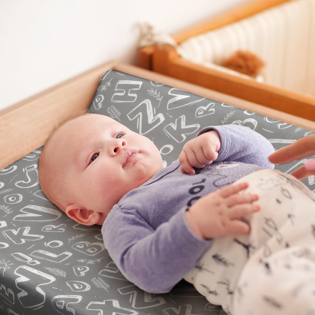 4 Pack Changing Pad Cover for Baby Boys Neutral Unisex Fitted Breathable Baby Changing Pad Sheets for Toddler Changing Table (Letter)