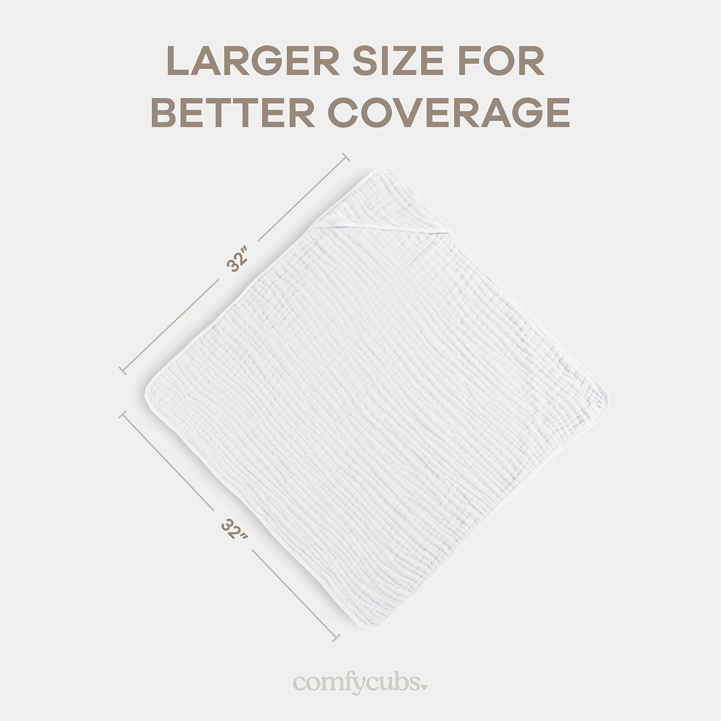 Comfy Cubs Hooded Baby Towel 2-Pack, Large 32 x 32 Inch - 6 Layer 100% Muslin Cotton for Babies, Toddlers and Kids - Soft & Absorbent Baby Bath Towels - Unisex Design for Bath Time - White