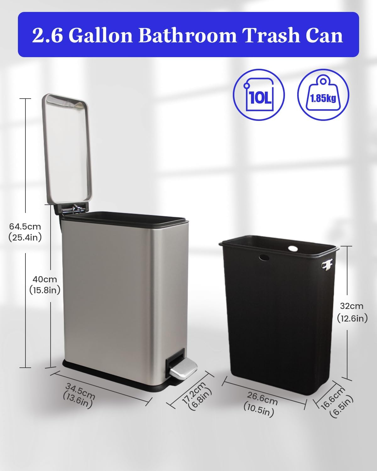Trash Can, 2.6 Gallon Bathroom Trash Can with Lid, Stainless Steel Garbage Can with Removable Liner, 10 Liter Rectangle Step Trash Bin for Office, Bedroom, Living Room, Dorm, Kohler Grey