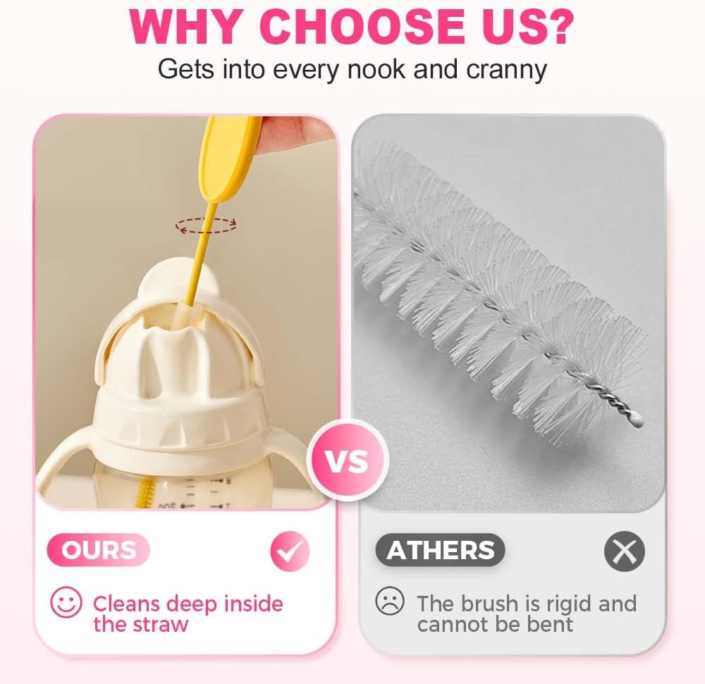 Extra Long Straw Cleaner Brush, Reusable Soft Silicone Cleaning Brush for Tumbler Lid Crevices, Glass Metal Smoothie Straws with Non Slip Handle (Pink + Yellow)