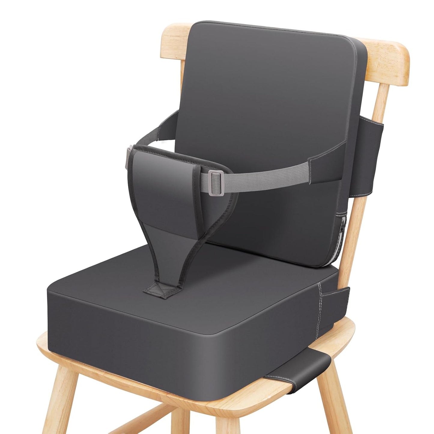 Toddler Booster Seat for Dining Table, Non-Slip Kitchen Chair Booster Seat with Backrest and Adjustable Straps, Portable PU Waterproof Travel Baby Booster Increasing Cushion