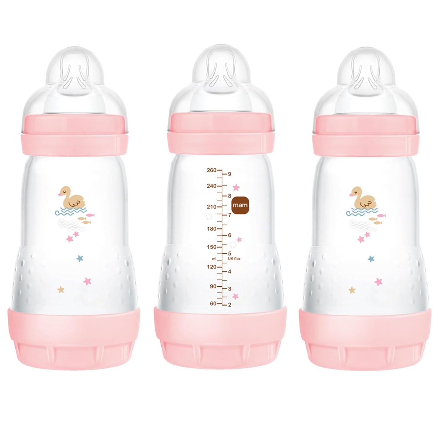 MAM 9oz Easy Start Anti-Colic Baby Bottles, Medium Flow, Breastfeeding-Like Silicone Nipple Bottle, Reduces Colic, Gas, & Reflux, Easy-to-Clean, BPA-Free, 2+ Months