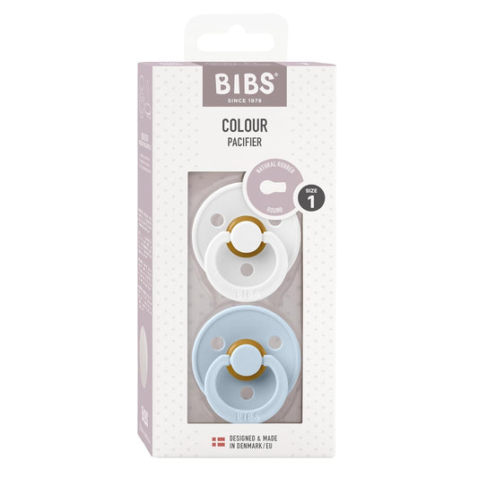 BIBS Pacifiers Colour Collection | Natural Rubber Baby Pacifier | Set of 2 BPA-Free Soothers | Made in Denmark | 0+ Months (Pack of 2) | Baby Blue / White