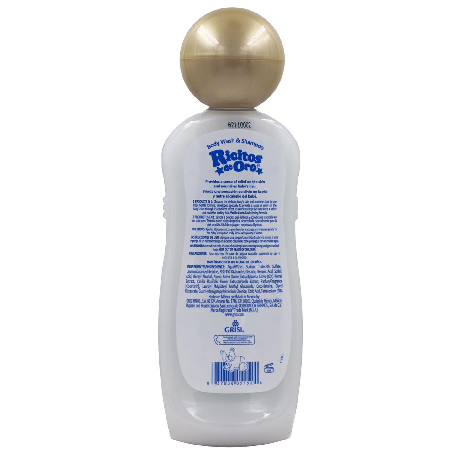 Ricitos de Oro Baby Shampoo and Body Wash, Formula with Oats and Vanilla, Hypoallergenic, Tear-Free Body Wash and Shampoo, 2-Pack of 13.5 Fl Oz Each, 2 Bottles