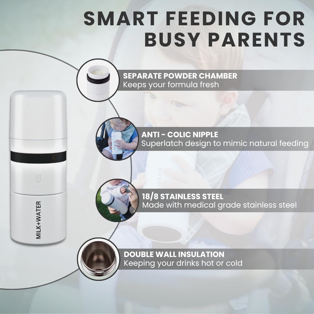 MILK & WATER All in One Baby Bottle & Baby Formula Dispenser On The Go, 5oz - Keeps Water Warm & Formula Fresh - Baby Formula Mixing Bottle with Anti Colic Nipple - Leak-Proof - 3+ Months (White)