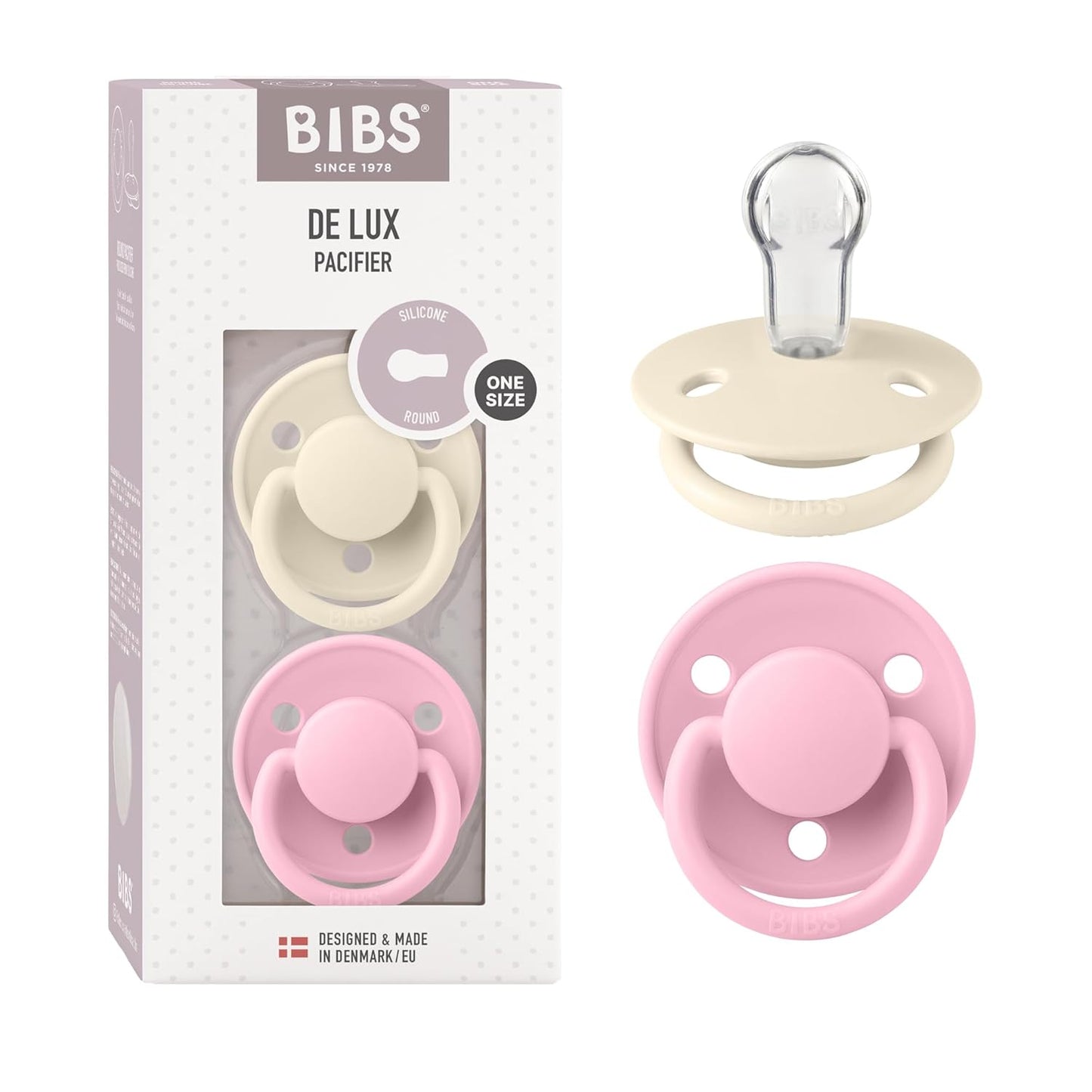BIBS De Lux Baby Pacifier 2-Pack | Made in Denmark | BPA Free Dummy Soother, Round Nipple. Silicone, OneSize (0-36 Months), Ivory/Baby Pink