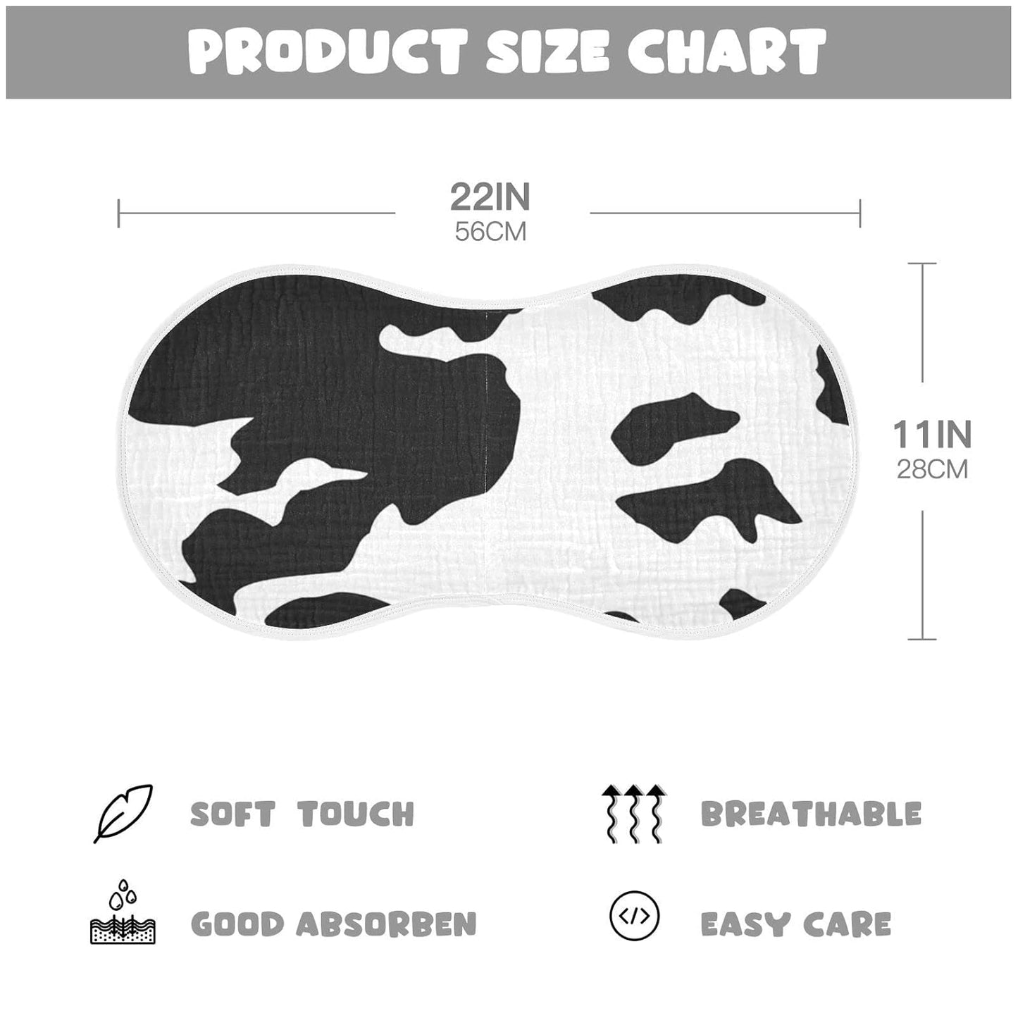 Muslin Baby Burp Cloths Set of 1, Soft Absorbent Animal Cow Print Muslin Washcloths, Bibs, Face Towel for Newborn Boys Girls, 22 x 11 Inch
