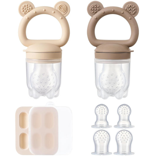 2 Pack Silicone Baby Fruit Feeder with Mini Freezer Tray, Breastmilk Popsicle Molds for Baby Teething Relief, Teethers, Fresh Food Feeder for Safe Infant Self Feeding, Extra Food Pouches - Chocolate