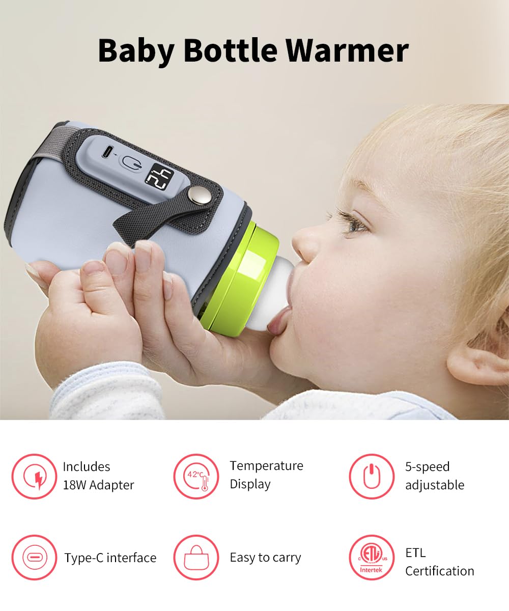 Bottle Warmer, Baby Milk Warmer with 5-Speed Temperature Control, Stable Constant Warming with LED Display, Requires Power Source, USB Powered with 18W Adapter, Suitable for Home and Travel