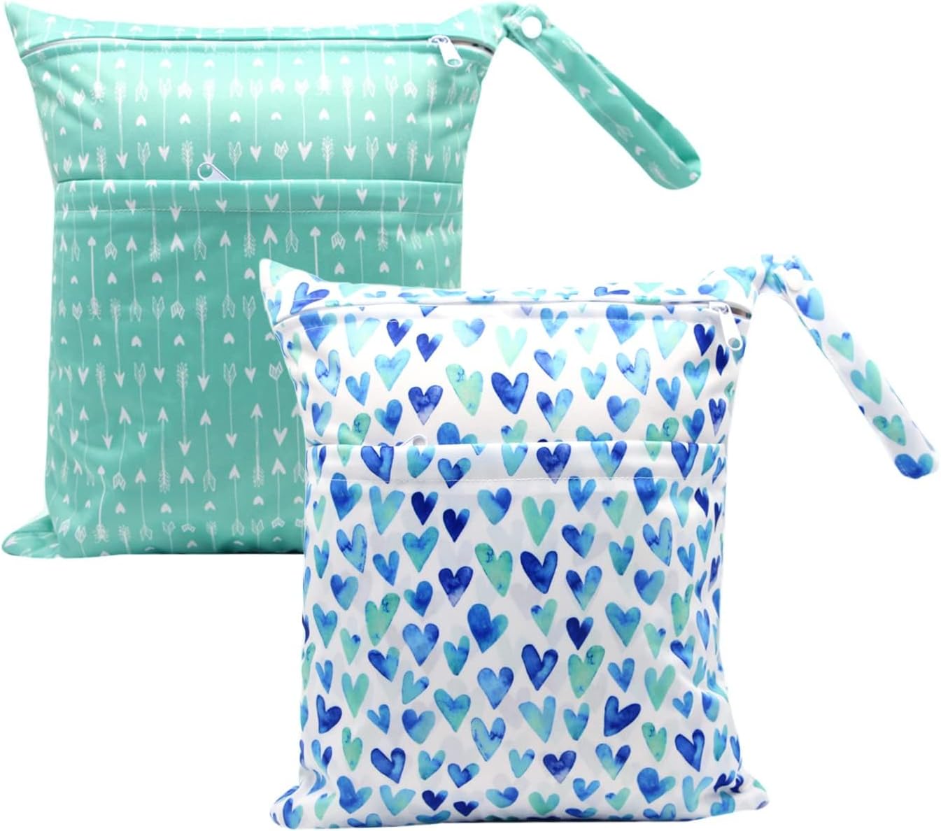 2pcs Cloth Diaper Wet Dry Bags Waterproof Reusable with Two Zippered Pockets Stroller Travel Beach Pool Daycare Soiled Baby Item Yoga Gym Bag for Swimsuits or Wet Clothes-Green Hearts