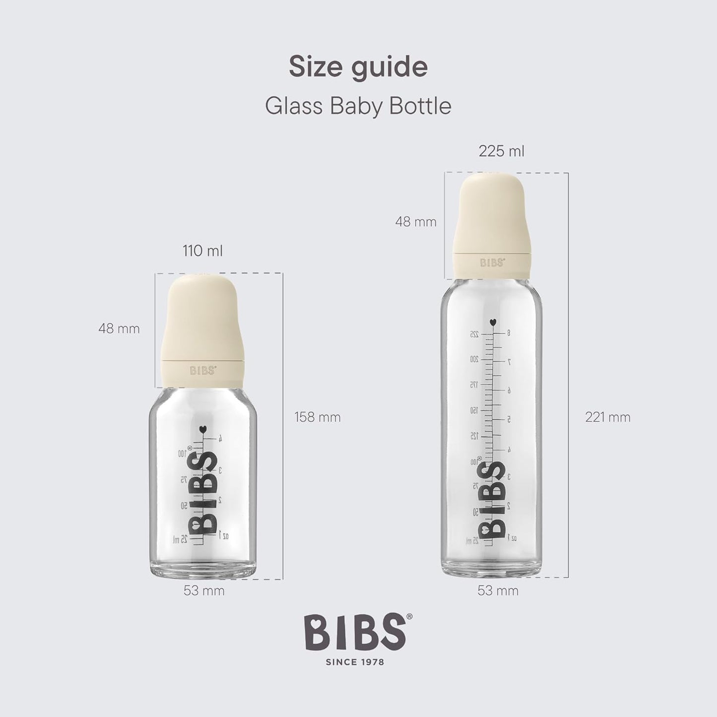 BIBS Baby Glass Bottle. Anti-Colic. Round Natural Rubber Latex Nipple. Supports Natural Breastfeeding, Complete Set - 225 ml, Baby Blue