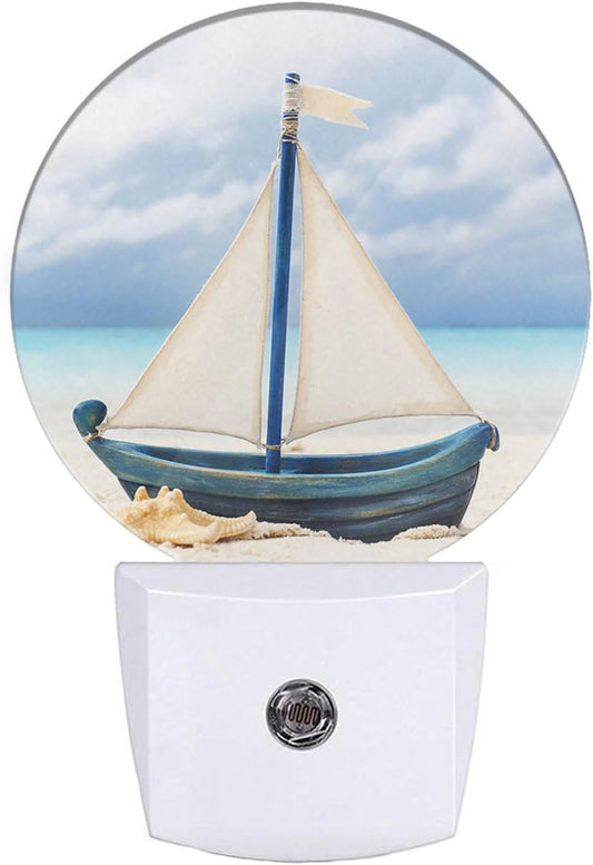 EKOBLA Nautical Night Lights Plug into Wall Sea Boat Ship on Beach Night Light LED Round Lamp for Coastal Room Decorations, 0.5W Nightlight Sleep Friendly
