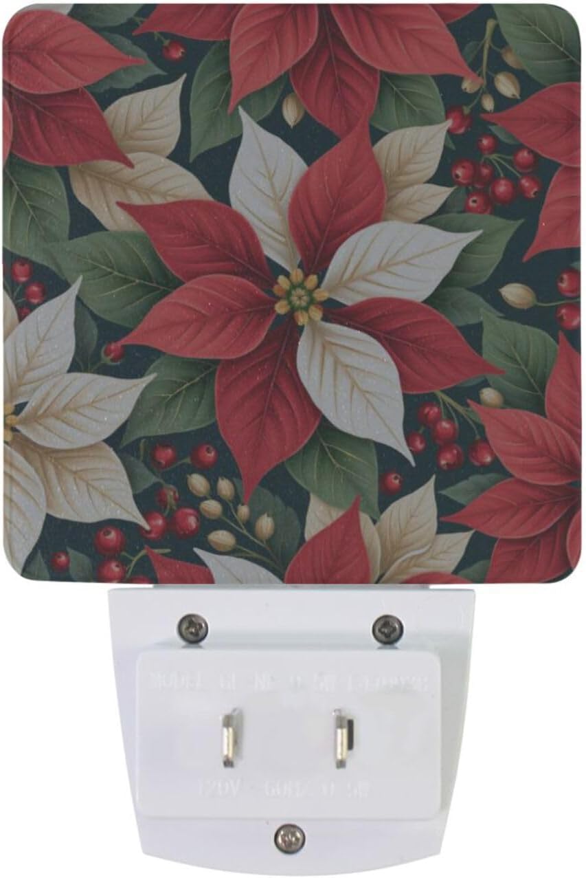 Aslsiy Night Light for Kids Red White Poinsettias Holly Leaves (5) Plug in Wall Lamp LED Dusk to Dawn Sensor Energy Saving Nightlight for Boys Girls Men Women