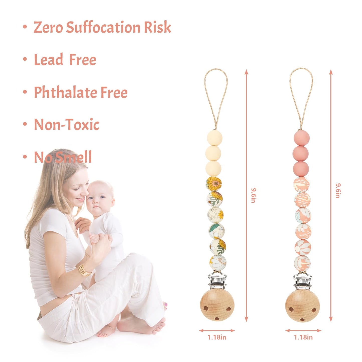 Pacifier Clips, 2PCS Silicone Soother Clips, BPA Free Pacifier Clip Pacifier Holder for Newborn Baby Boy Girl Gifts, Print Flowers