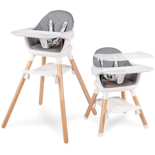 6 in 1 Baby High Chair, Convertible Wooden High Chairs/Booster Seat for Babies and Toddlers, Baby Feeding Chair with 5-Point Harness/Double Removable Tray & Adjustable Footrest (Grey)