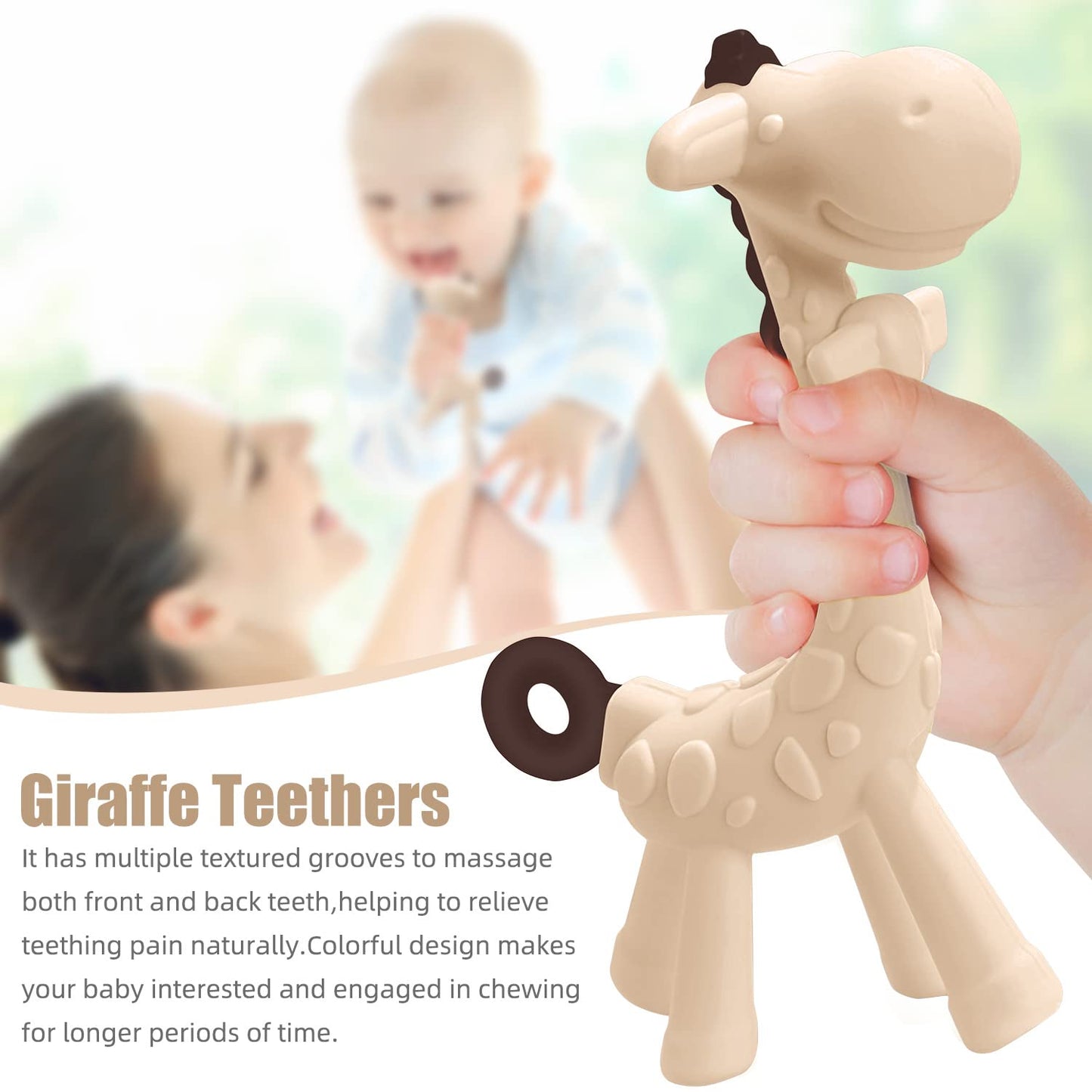 SHARE&CARE BPA Free Silicone Giraffe Baby Teether Toy with Storage Case, for 3 Months Above Infant Sore Gums Pain Relief and Baby Shower, Baby Teething Toys (Cream)