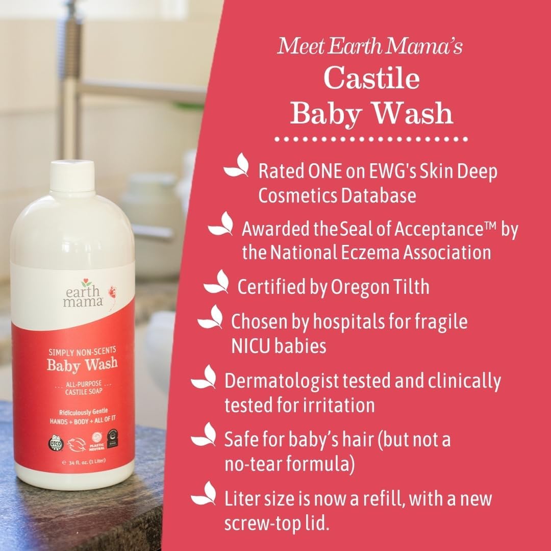 Earth Mama Simply Non-Scents Baby Wash Liquid Hand Soap Refill, Organic Body Wash for Sensitive Skin, All Purpose Castile Soap Liquid with Coconut Oil, Shea Butter, Calendula & Aloe, 34 fl oz