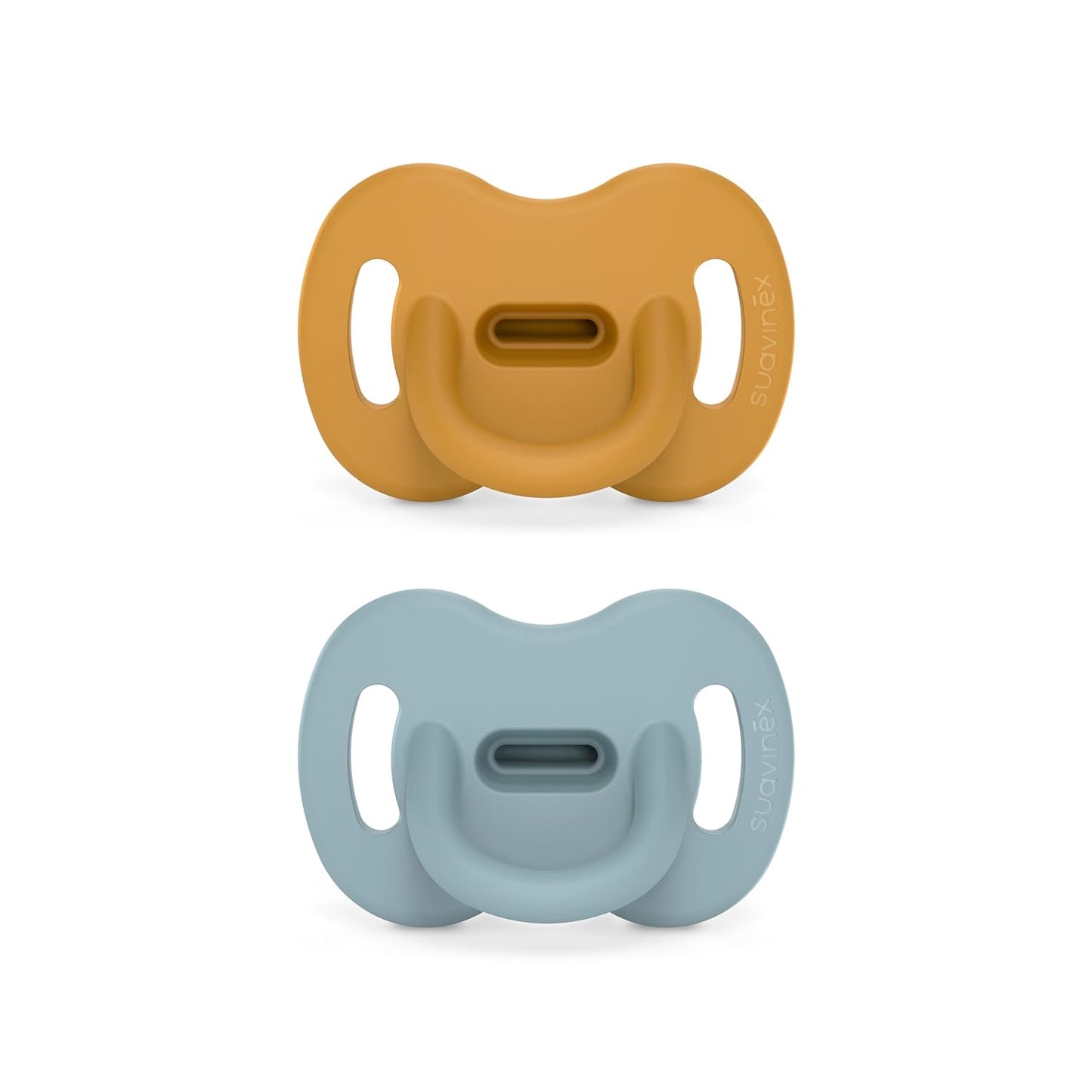 Color Essence SX PRO Silicone Baby Pacifier 2Pk, Made with 100% Soft Silicone, Baby Essentials Perfect for Breastfeeding Babies, Designed in Spain, 6-18 Mths, Mustard/Blue
