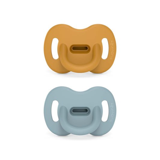 Color Essence SX PRO Silicone Baby Pacifier 2Pk, Made with 100% Soft Silicone, Baby Essentials Perfect for Breastfeeding Babies, Designed in Spain, 6-18 Mths, Mustard/Blue