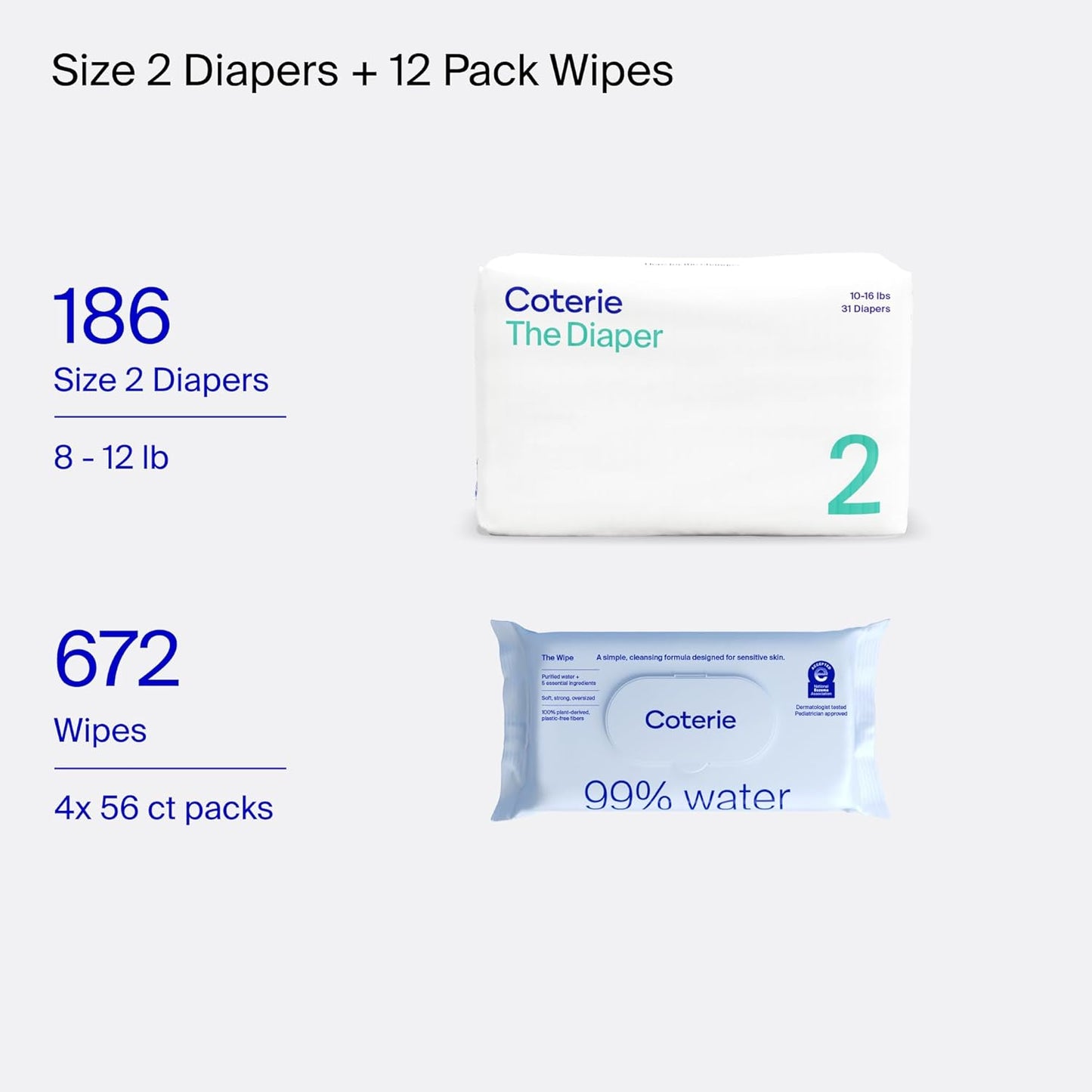 Coterie Baby Wipes + Diapers Kit, Size 2 Diapers (186 Count) & 12 Pack (672 Count) Baby Wipes with 99% Water, Plant Based Materials, Hypoallergenic for Sensitive Skin