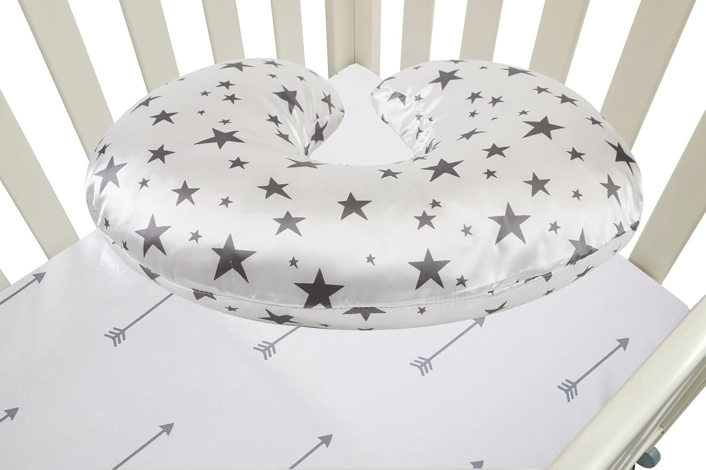 Satin Nursing Pillow Cover Set - 2 Pack Ultra Soft Silk, Compatible with Boppy Pillow for Breastfeeding, Protects Baby Hair & Skin - Grey Arrows & Stars