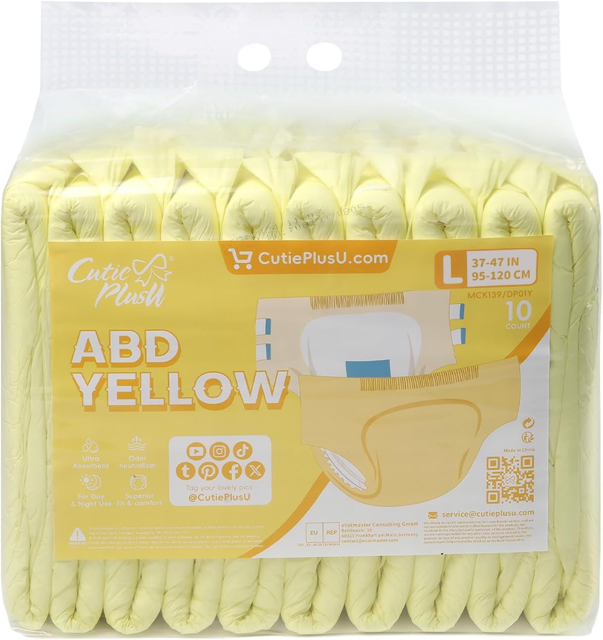 CutiePlusU Disposable Adult Diaper Heavy Absorption Dry Surface Adult Diapers All Night- Yellow 10 Pieces (Large 37"-47")