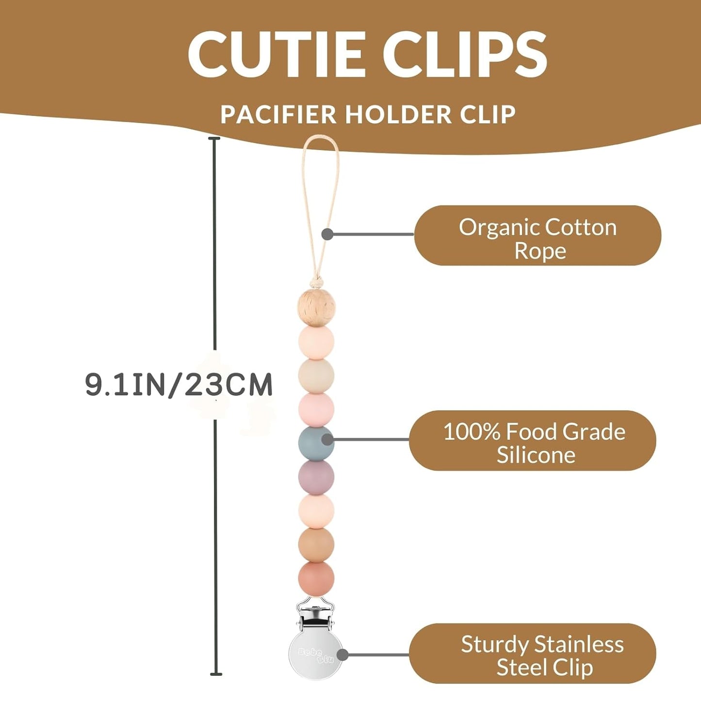 2 Pack Pacifier Clips, Silicone Pacifier Clip for Baby Boys and Girls, Baby Pacifier Strap with Silicone Beads, Soother Dummy Holder, Pacifier Holder, Keeps Pacifier Clean (Beau/Sage)