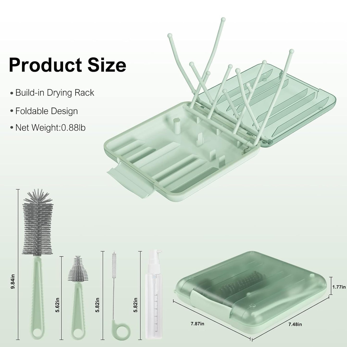 6 in 1 Bottle Cleaner Brush Set with Travel Bottle Drying Racks,360° Cleaning Baby Bottle Brush,Nipple Brush,Straw Cleaner Brush,Soap Dispenser & Organizer Case,Baby Essentials for Home&Travel(Green)