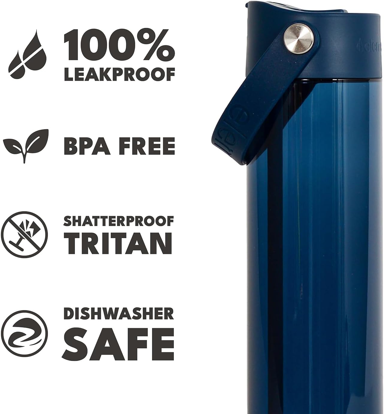 Elemental Splash Water Bottle with Straw - BPA-Free Tritan Plastic Reusable Water Bottle with Strap - Ideal for Travel, Gym and Sports - Leak Proof when Spout is Closed - 26oz - Navy Blue